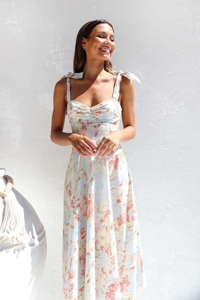 Ivy | Midi Dress With Floral Wedding Guest Tie Shoulder Ruched