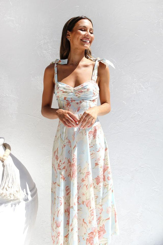 Ivy | Midi Dress With Floral Wedding Guest Tie Shoulder Ruched