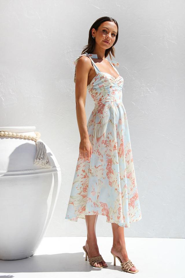 Ivy | Midi Dress With Floral Wedding Guest Tie Shoulder Ruched
