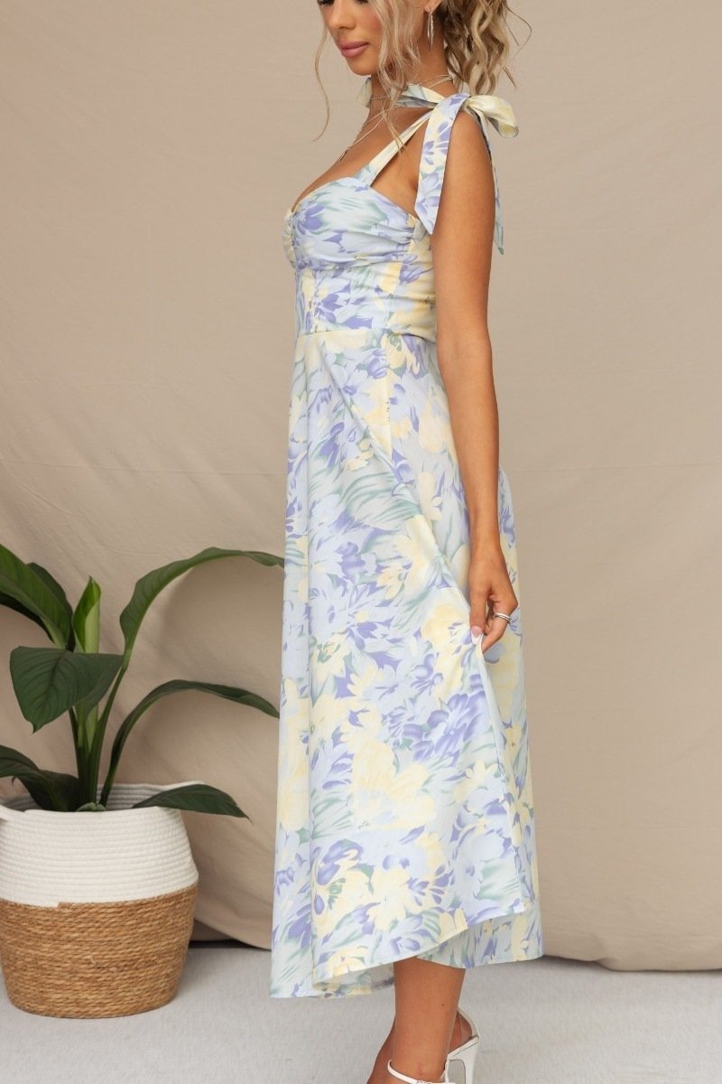 Ivy | Midi Dress With Floral Wedding Guest Tie Shoulder Ruched