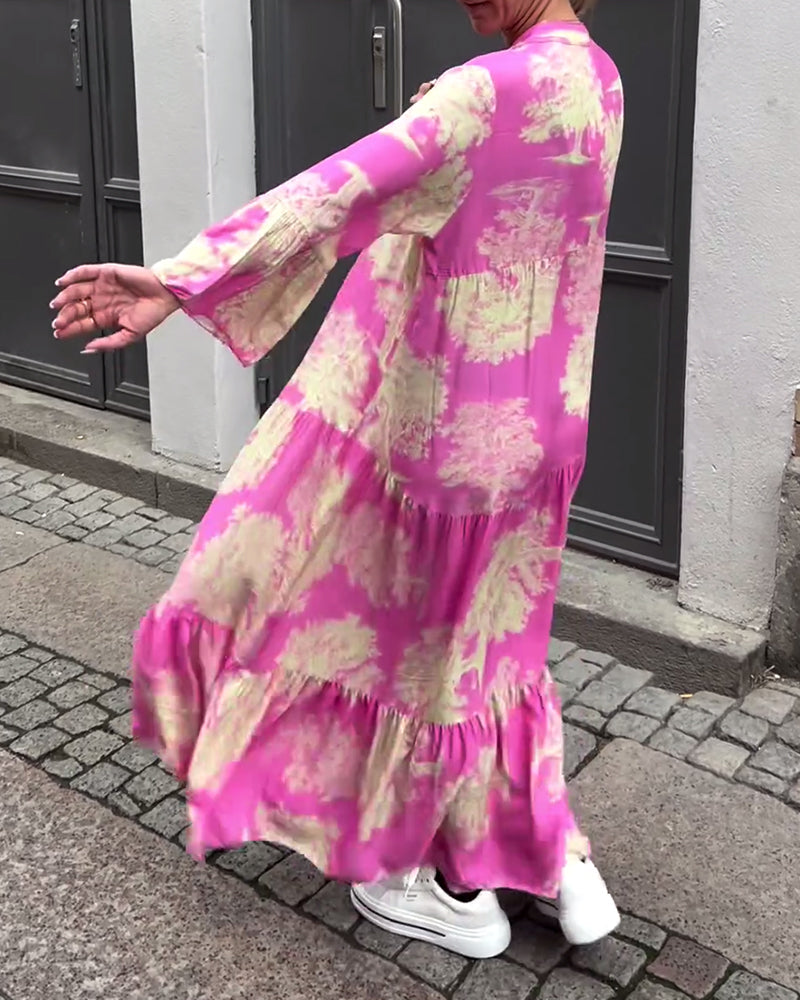 Una | Maxi Dress With Print Ruffle Sleeves Stand Collar