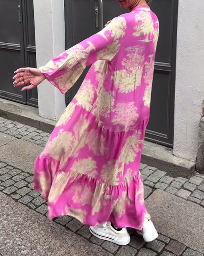 Una | Maxi Dress With Print Ruffle Sleeves Stand Collar
