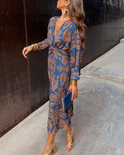 Scarlett | Women printed maxi dress with V neck long sleeve tie front