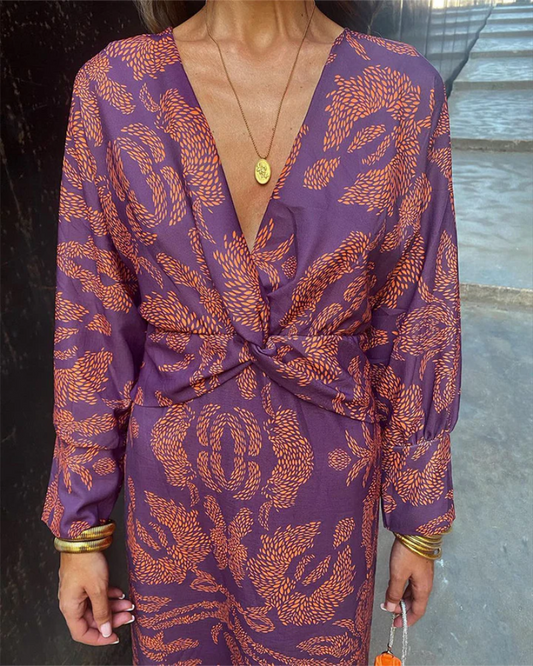 Scarlett | Women printed maxi dress with V neck long sleeve tie front