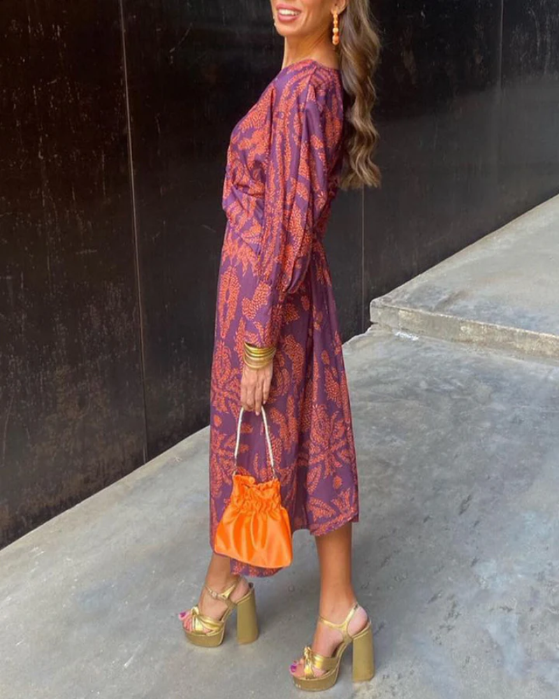 Scarlett | Women printed maxi dress with V neck long sleeve tie front