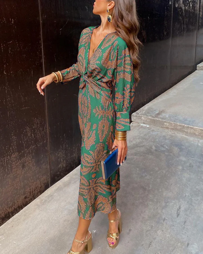 Scarlett | Women printed maxi dress with V neck long sleeve tie front