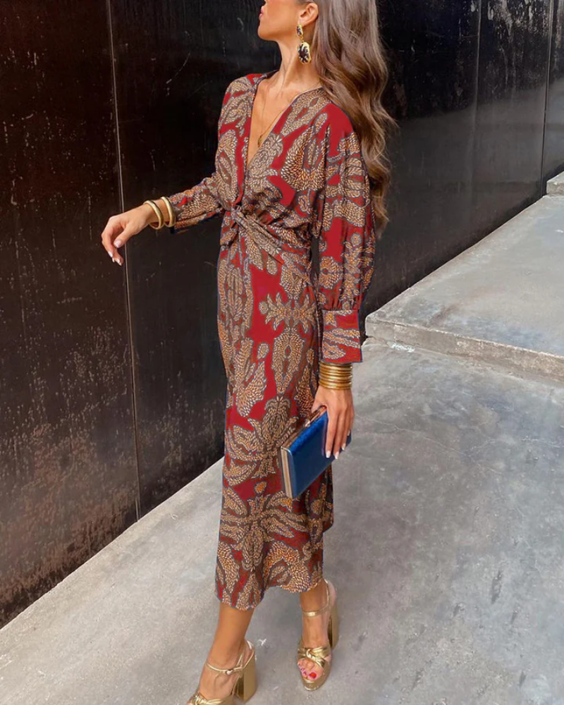Scarlett | Women printed maxi dress with V neck long sleeve tie front