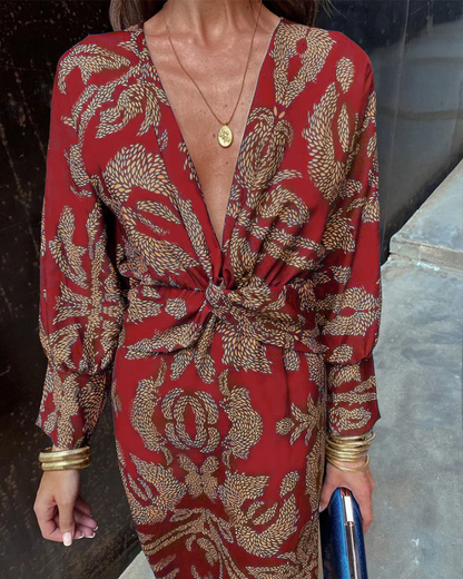 Scarlett | Women printed maxi dress with V neck long sleeve tie front