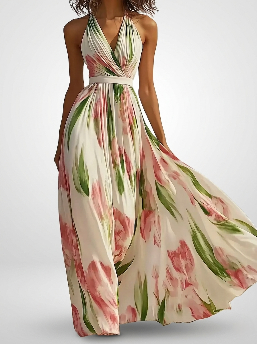 Joanna | Floral Watercolor Chiffon Maxi Dress With Halter Neck