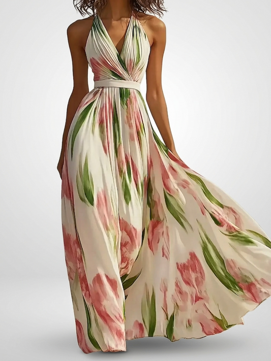 Joanna | Floral Watercolor Chiffon Maxi Dress With Halter Neck