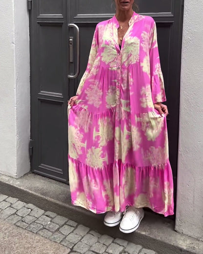 Una | Maxi Dress With Print Ruffle Sleeves Stand Collar
