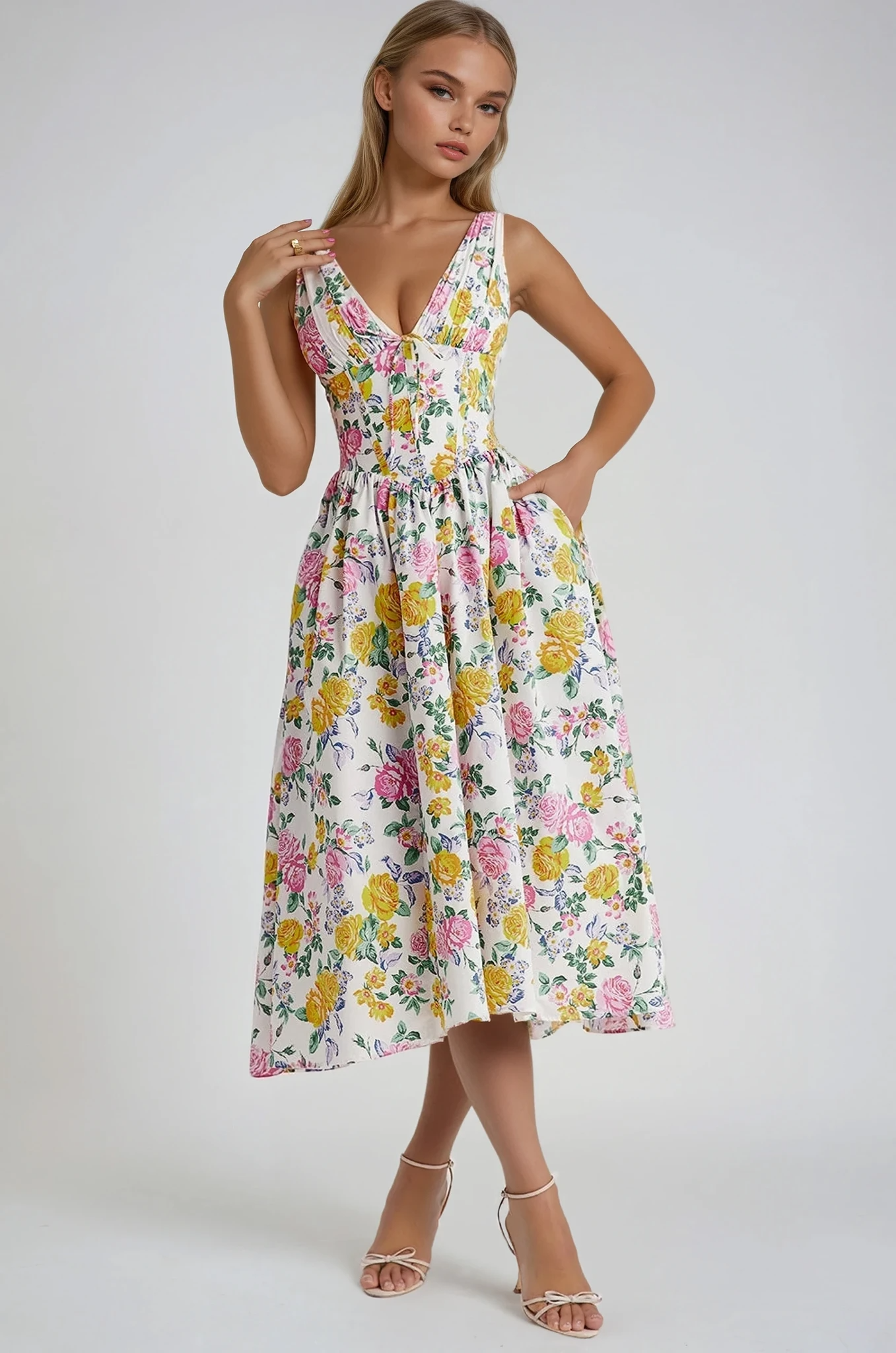 Philomena | Women’s floral V neck midi dress with fit and flare