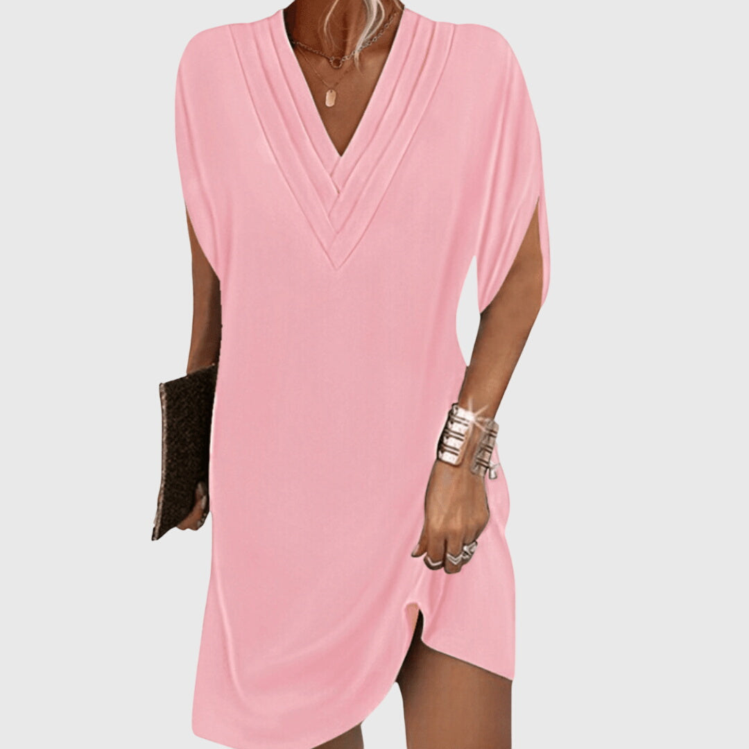 Nerisa | Women V Neck Loose Fit Mini Dress with Short Sleeves
