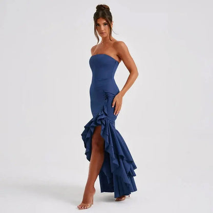 Valencia | Strapless Maxi Dress With Ruffle High Low Hem