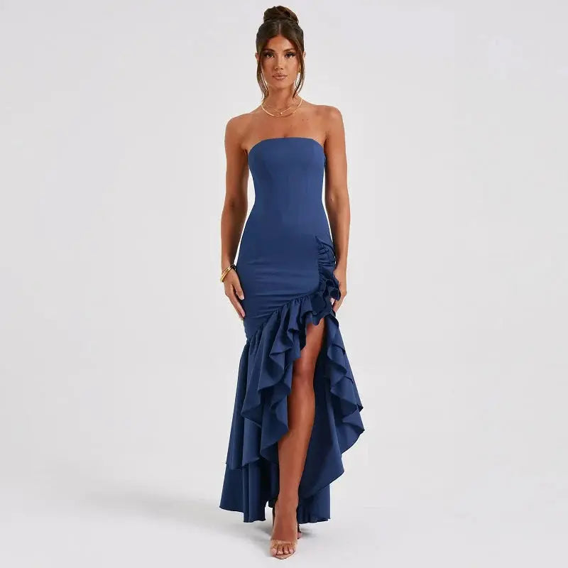 Valencia | Strapless Maxi Dress With Ruffle High Low Hem