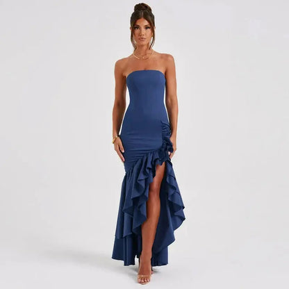 Valencia | Strapless Maxi Dress With Ruffle High Low Hem