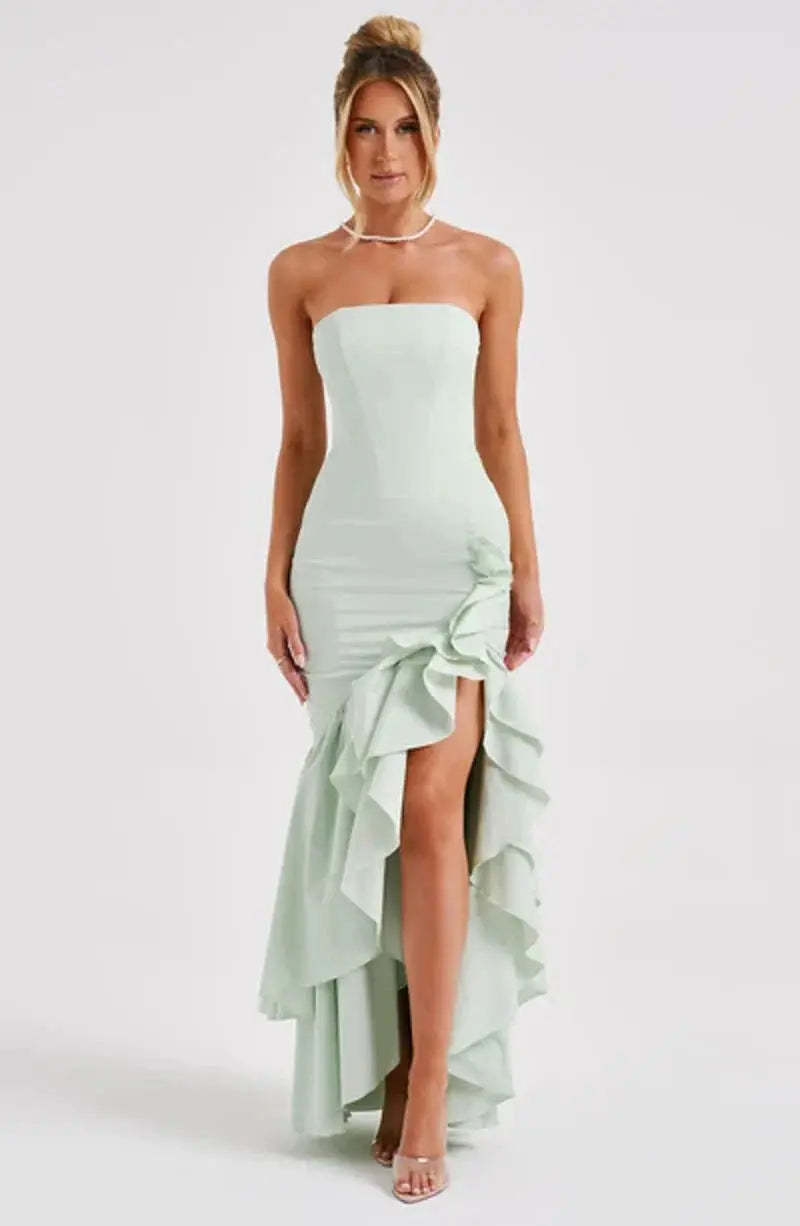 Valencia | Strapless Maxi Dress With Ruffle High Low Hem
