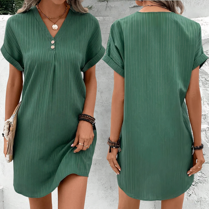 Marena | Elegant Summer Midi Dress with Button Neckline and Relaxed Fit