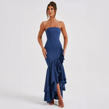 Valencia | Strapless Maxi Dress With Ruffle High Low Hem