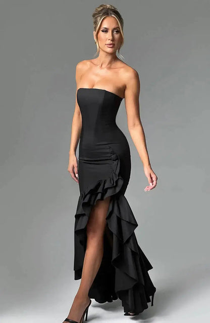 Valencia | Strapless Maxi Dress With Ruffle High Low Hem