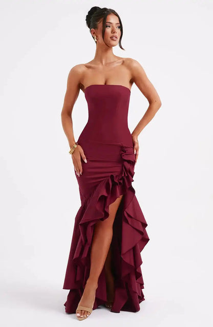 Valencia | Strapless Maxi Dress With Ruffle High Low Hem