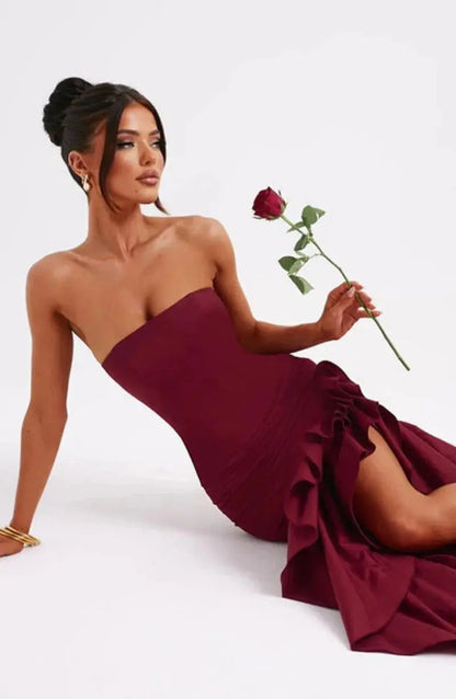 Valencia | Strapless Maxi Dress With Ruffle High Low Hem