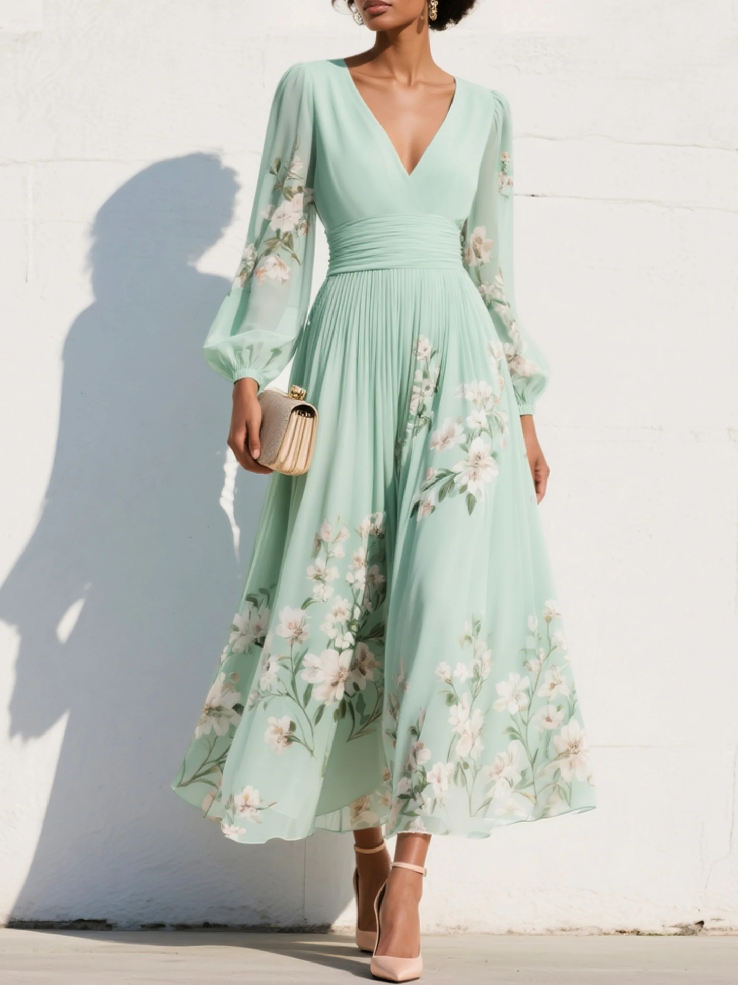 Fiona | Women’s Floral Midi Dress With V Neck Long Sleeves