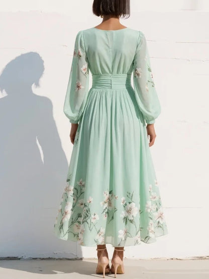Fiona | Women’s Floral Midi Dress With V Neck Long Sleeves