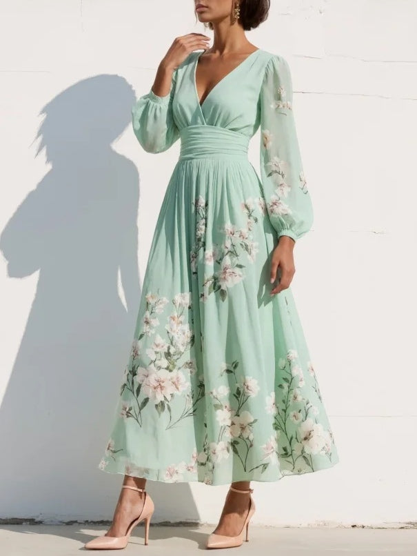 Fiona | Women’s Floral Midi Dress With V Neck Long Sleeves