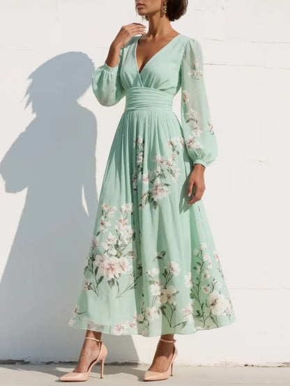 Fiona | Women’s Floral Midi Dress With V Neck Long Sleeves