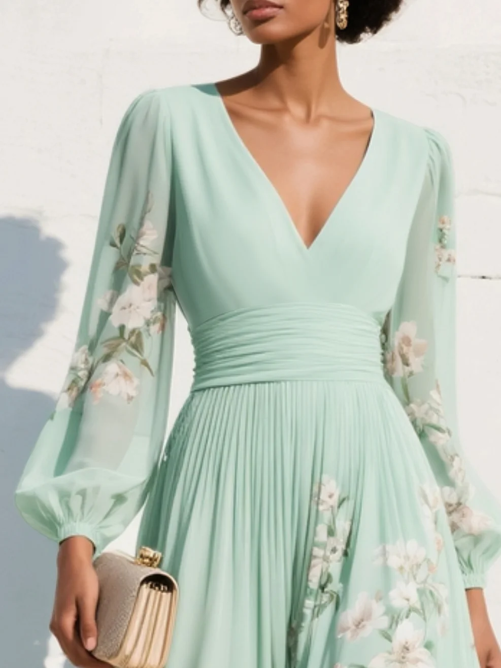 Fiona | Women’s Floral Midi Dress With V Neck Long Sleeves
