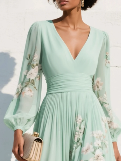 Fiona | Women’s Floral Midi Dress With V Neck Long Sleeves
