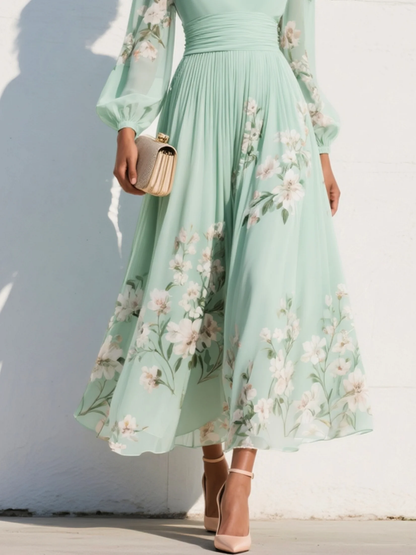 Fiona | Women’s Floral Midi Dress With V Neck Long Sleeves
