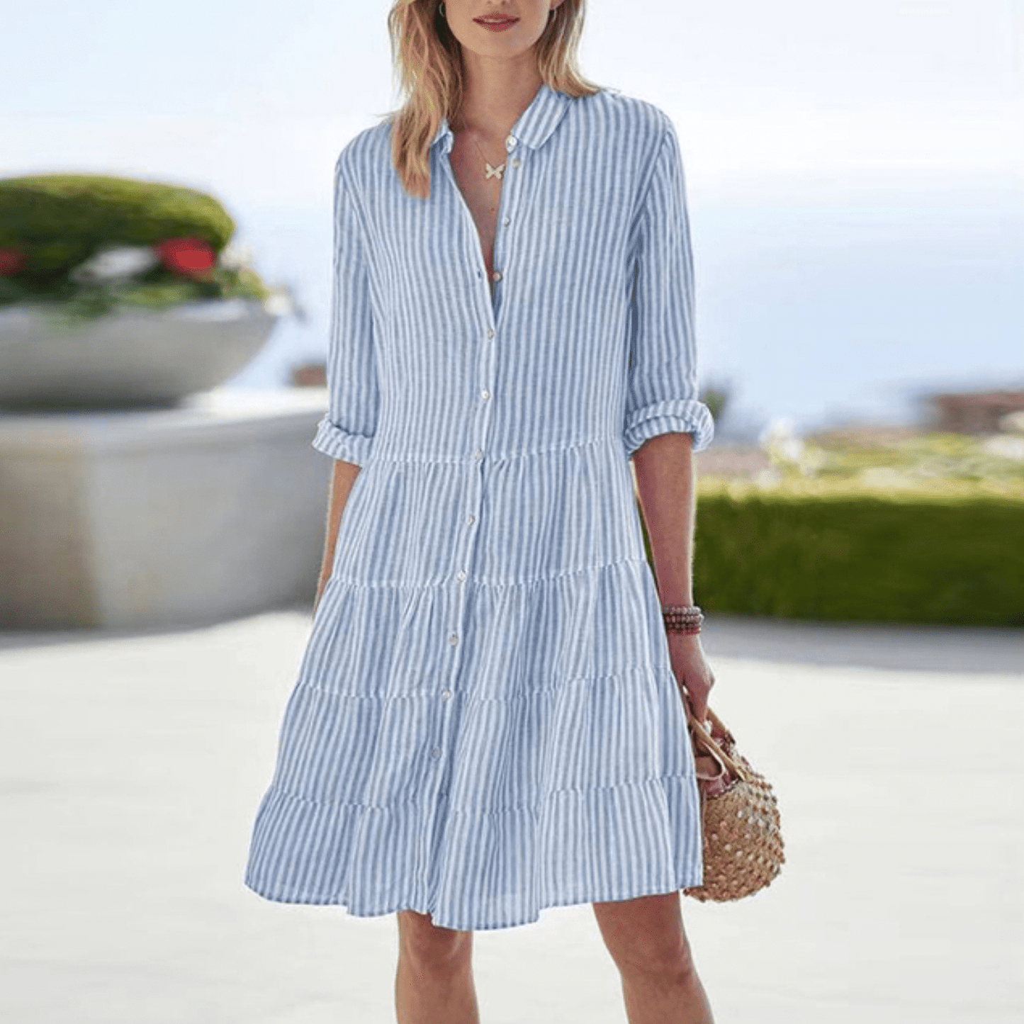 Theodora | Women’s striped mini dress with button front and tiered skirt