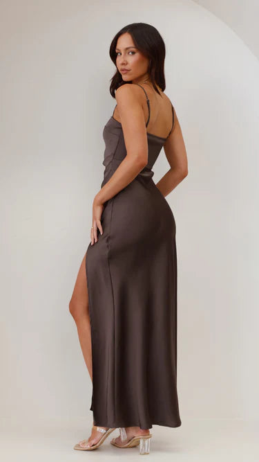 Nicolette | Satin maxi dress with spaghetti straps and slit