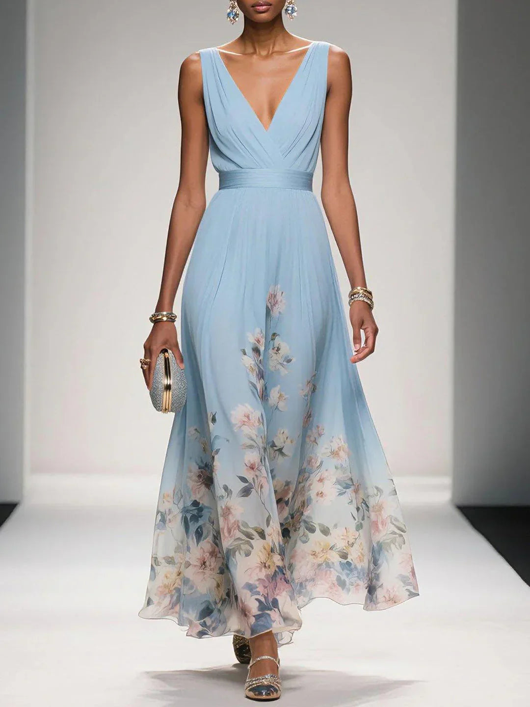 Felicia | Women's Floral Maxi Dress With V Neck Sleeveless