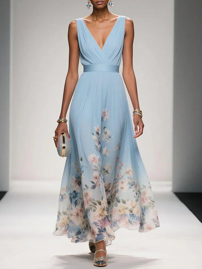 Felicia | Women's Floral Maxi Dress With V Neck Sleeveless