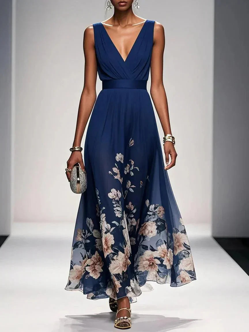 Felicia | Women's Floral Maxi Dress With V Neck Sleeveless
