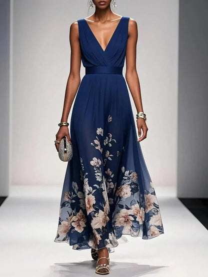 Felicia | Women's Floral Maxi Dress With V Neck Sleeveless