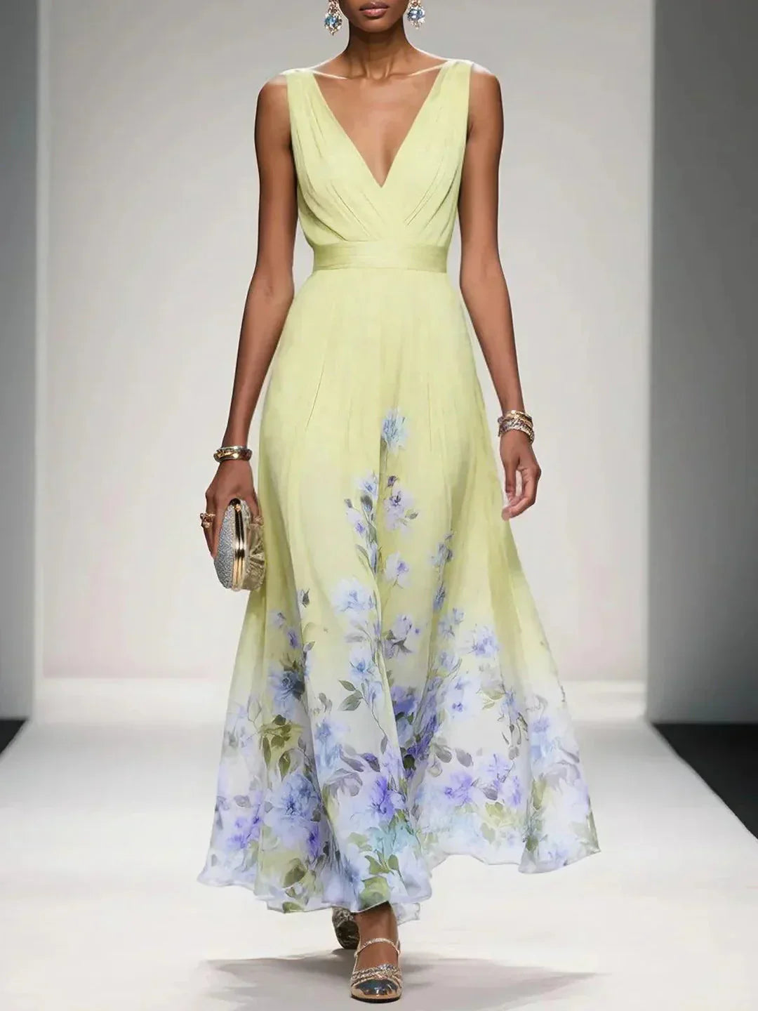 Felicia | Women's Floral Maxi Dress With V Neck Sleeveless