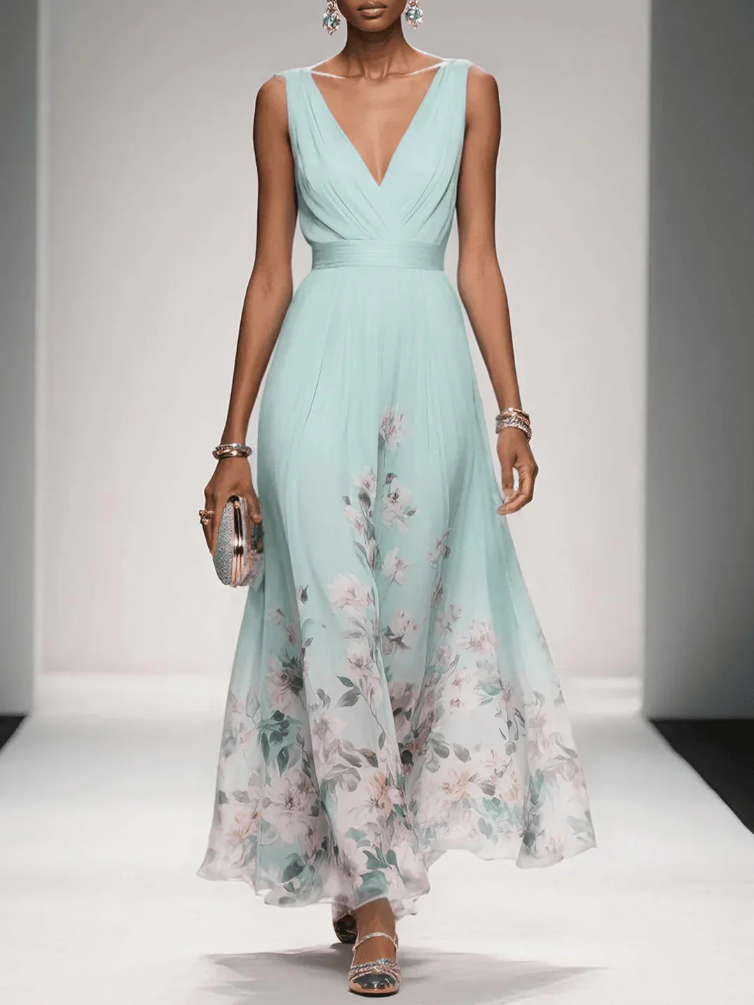 Felicia | Women's Floral Maxi Dress With V Neck Sleeveless