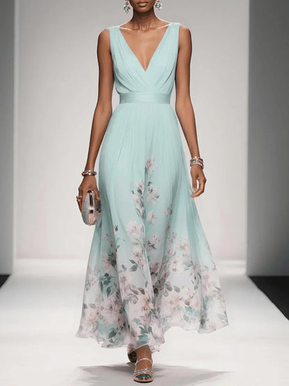 Felicia | Women's Floral Maxi Dress With V Neck Sleeveless