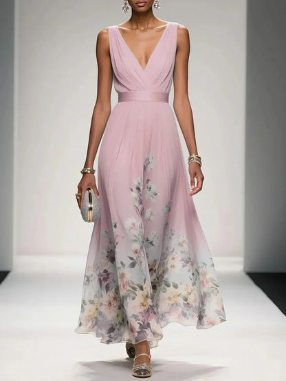 Felicia | Women's Floral Maxi Dress With V Neck Sleeveless