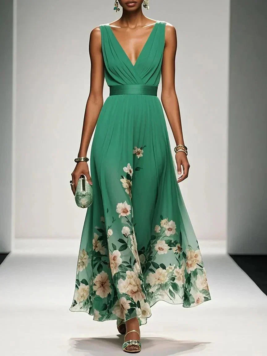 Felicia | Women's Floral Maxi Dress With V Neck Sleeveless