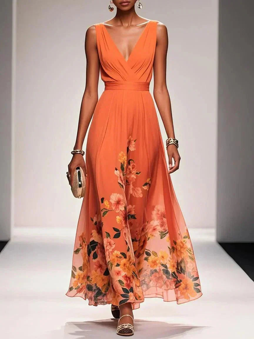Felicia | Women's Floral Maxi Dress With V Neck Sleeveless