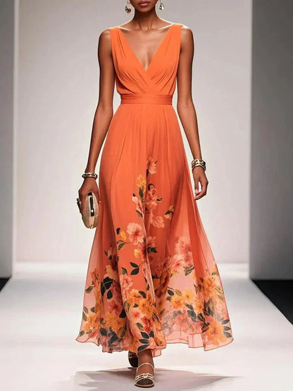 Felicia | Women's Floral Maxi Dress With V Neck Sleeveless