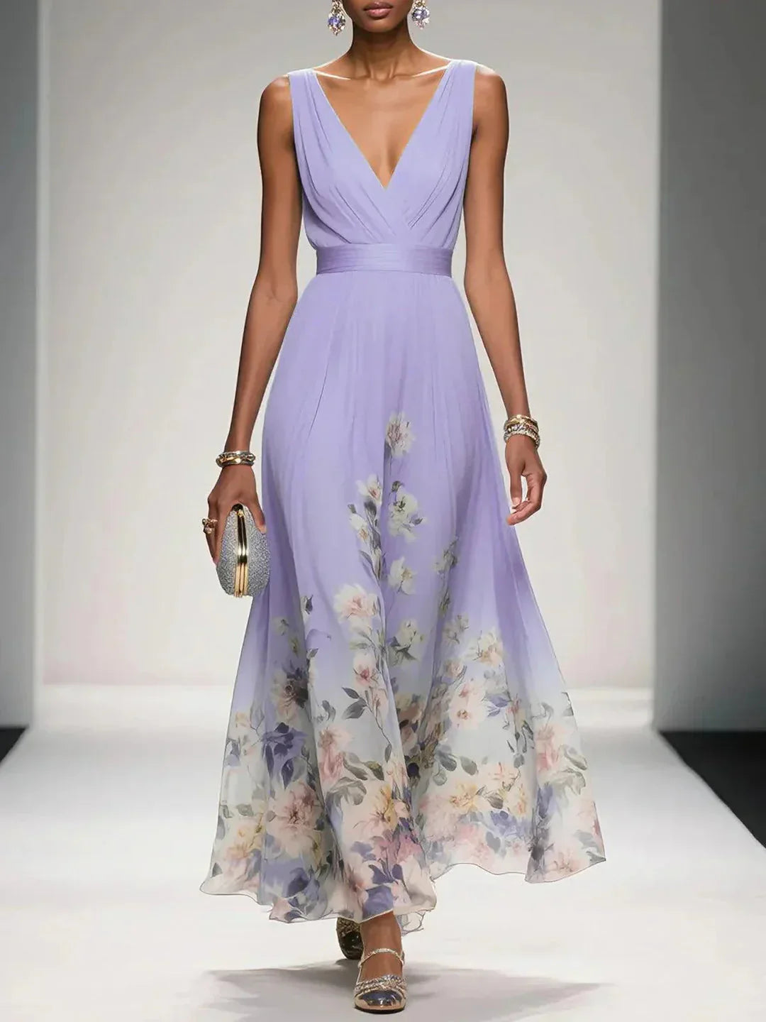 Felicia | Women's Floral Maxi Dress With V Neck Sleeveless