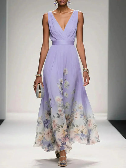 Felicia | Women's Floral Maxi Dress With V Neck Sleeveless