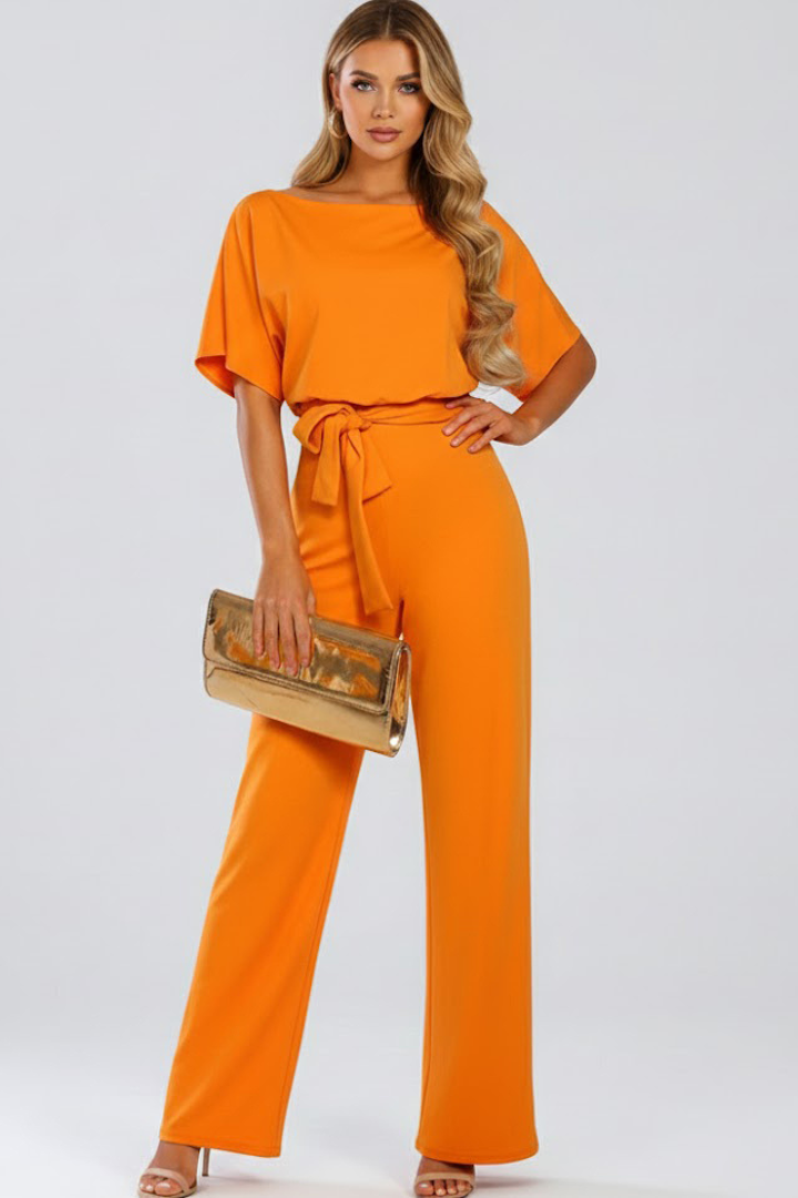 Gabriella | Women’s Wide Leg Jumpsuit With Short Sleeves Belt