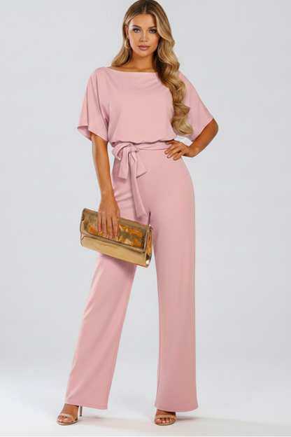 Gabriella | Women’s Wide Leg Jumpsuit With Short Sleeves Belt